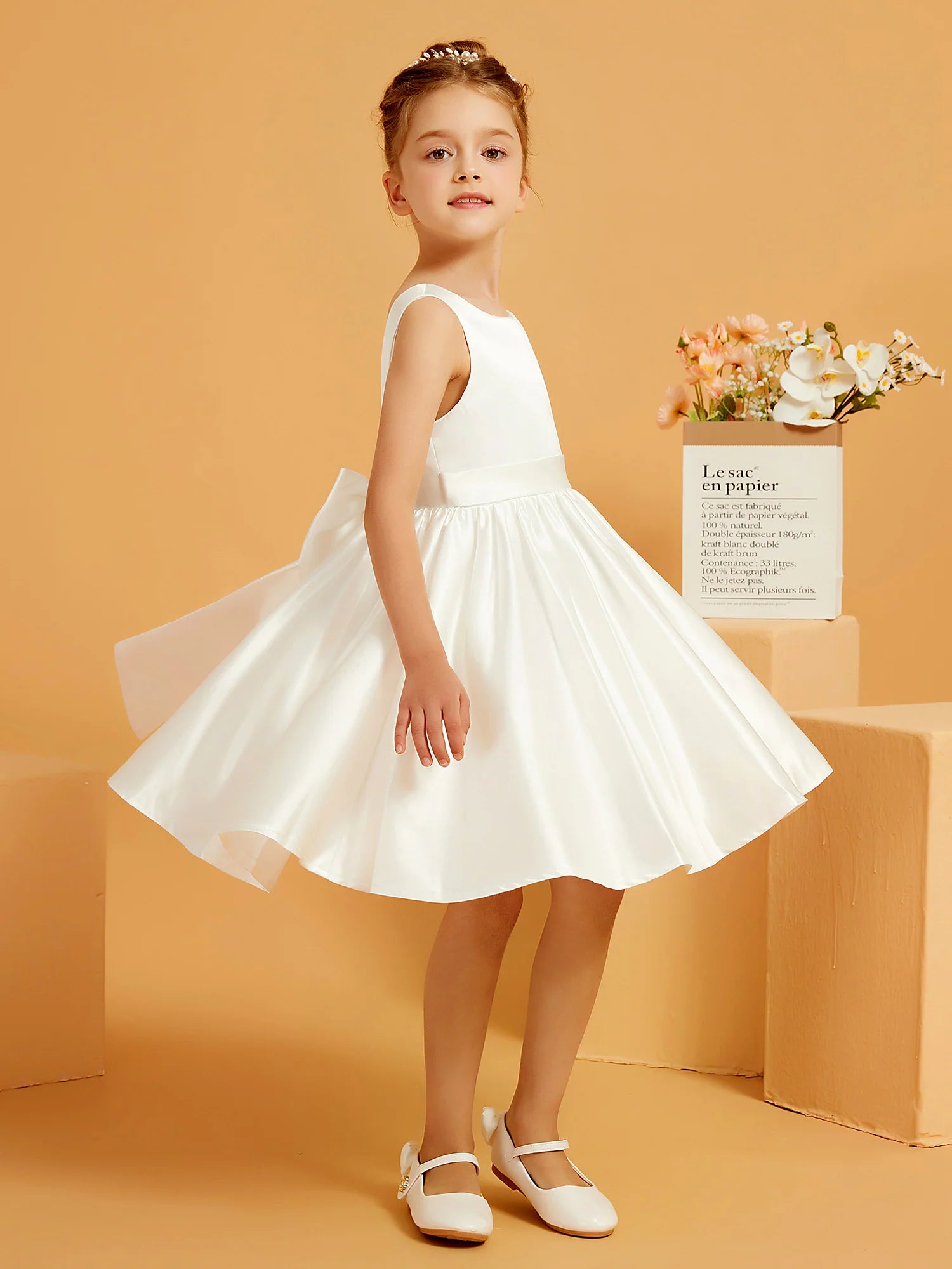 Scoop Sleeveless V Back Oversized Bow Knee Length White Satin Flower Girl Dresses