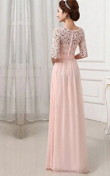 Floor-Length 1/2 Sleeve Scoop Long Bridesmaid Gown With Lace Bodice and Belt