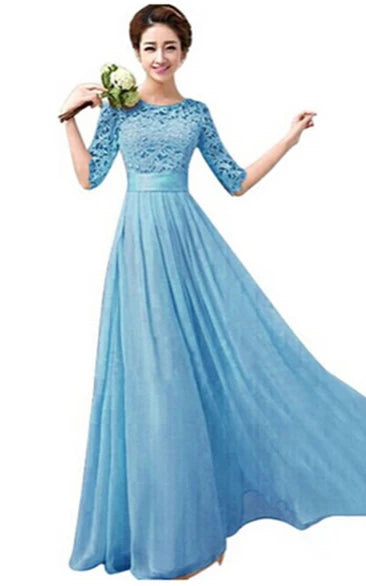 Floor-Length 1/2 Sleeve Scoop Long Bridesmaid Gown With Lace Bodice and Belt