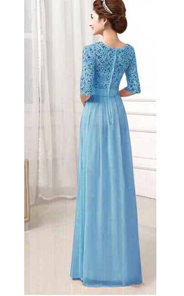 Floor-Length 1/2 Sleeve Scoop Long Bridesmaid Gown With Lace Bodice and Belt