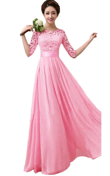 Floor-Length 1/2 Sleeve Scoop Long Bridesmaid Gown With Lace Bodice and Belt