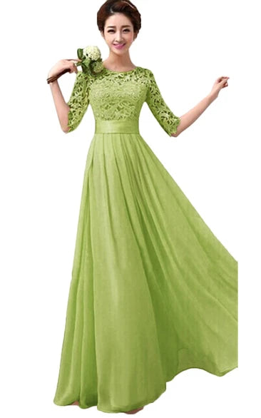 Floor-Length 1/2 Sleeve Scoop Long Bridesmaid Gown With Lace Bodice and Belt