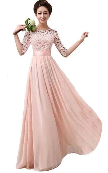 Floor-Length 1/2 Sleeve Scoop Long Bridesmaid Gown With Lace Bodice and Belt