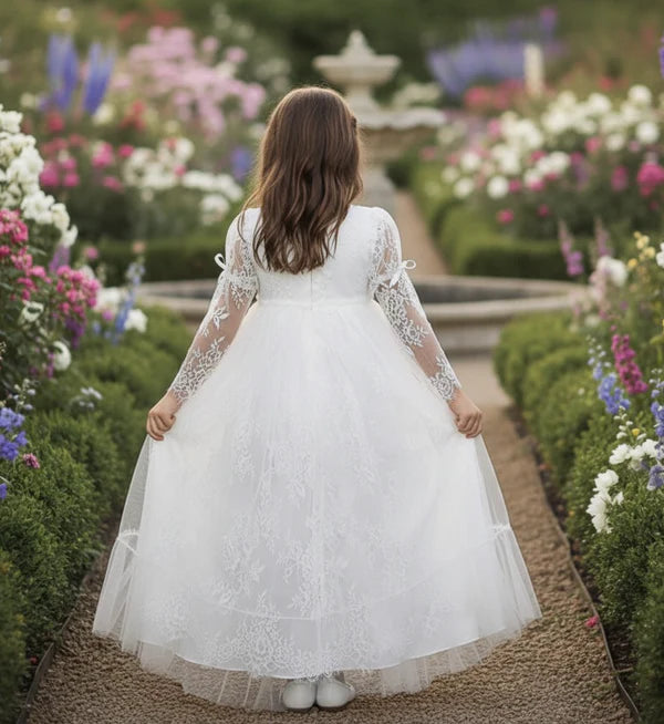 Round Neck Long Lace Sleeve White Full Length First Communion Dresses