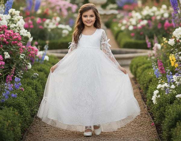 Round Neck Long Lace Sleeve White Full Length First Communion Dresses