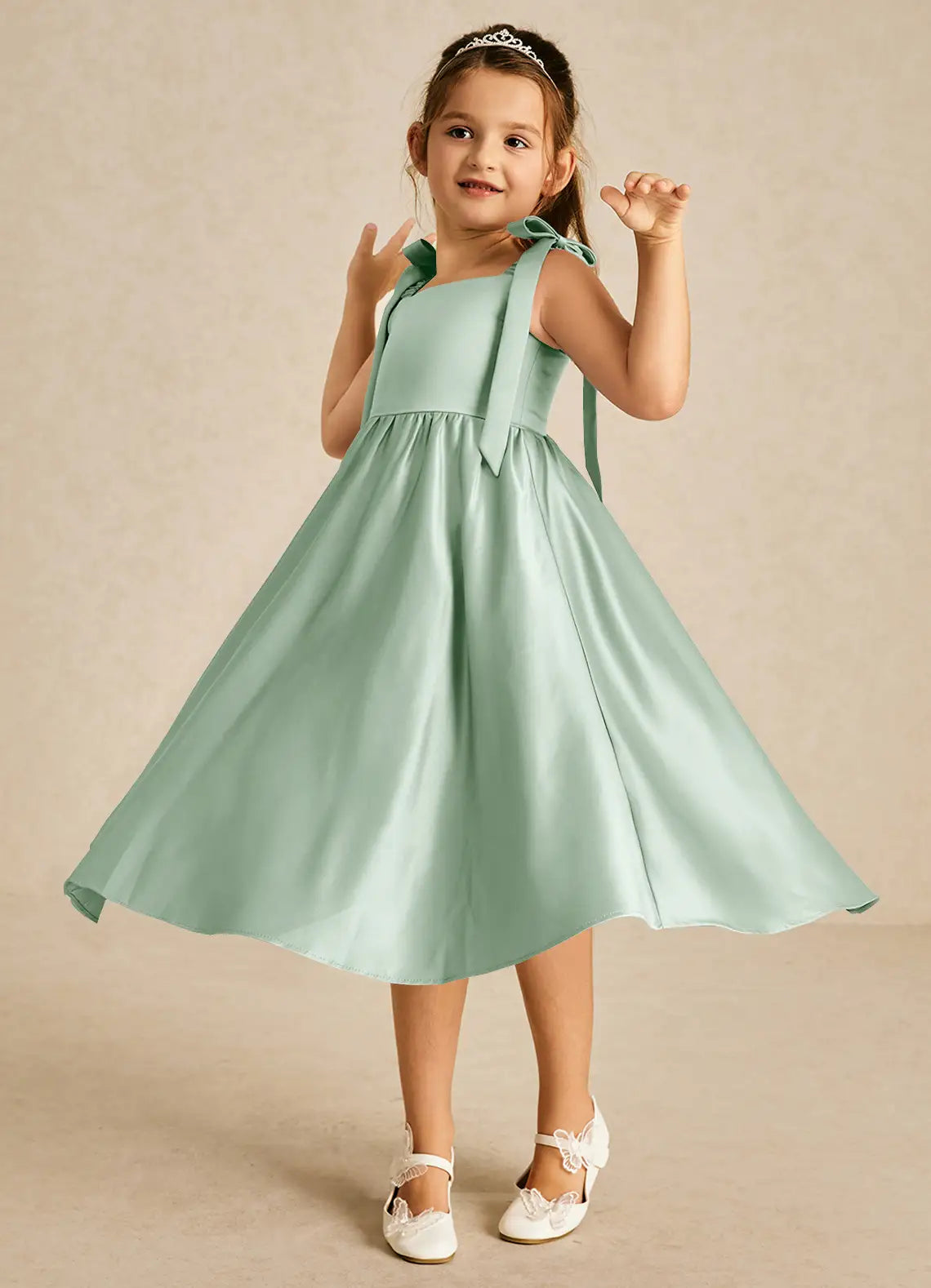 Tie Spaghetti Strap Square Back Simple Sage Satin Midi Flower Girl Dresses