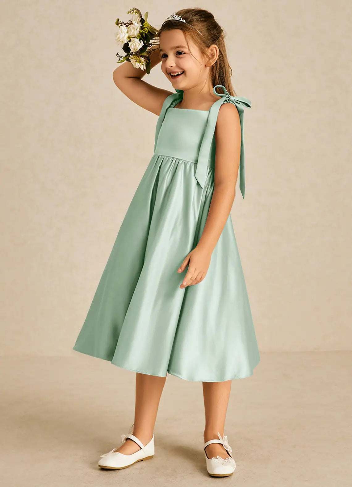 Tie Spaghetti Strap Square Back Simple Sage Satin Midi Flower Girl Dresses