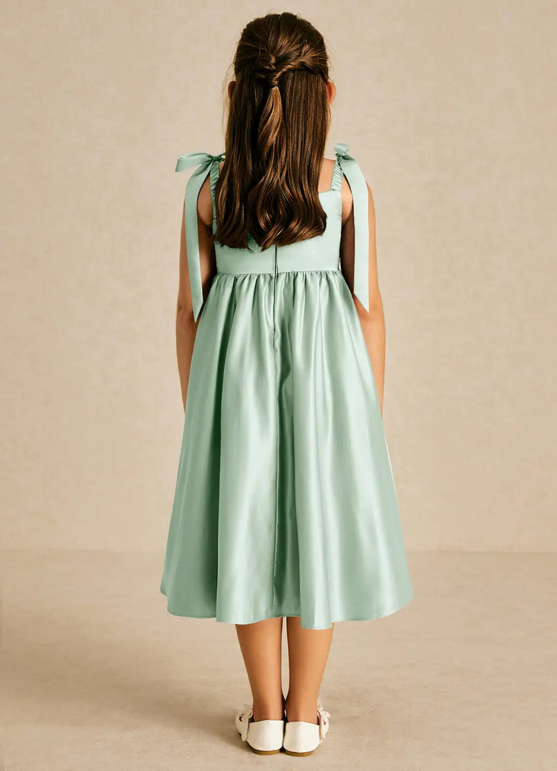 Tie Spaghetti Strap Square Back Simple Sage Satin Midi Flower Girl Dresses