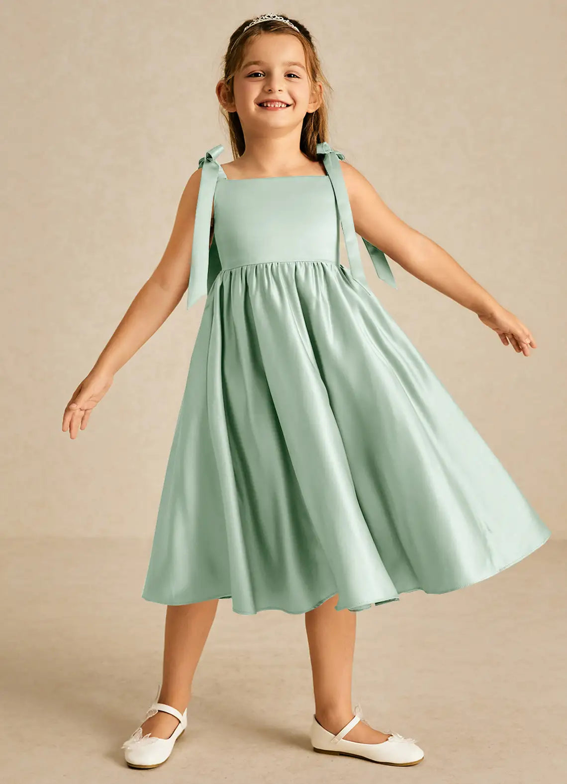 Tie Spaghetti Strap Square Back Simple Sage Satin Midi Flower Girl Dresses