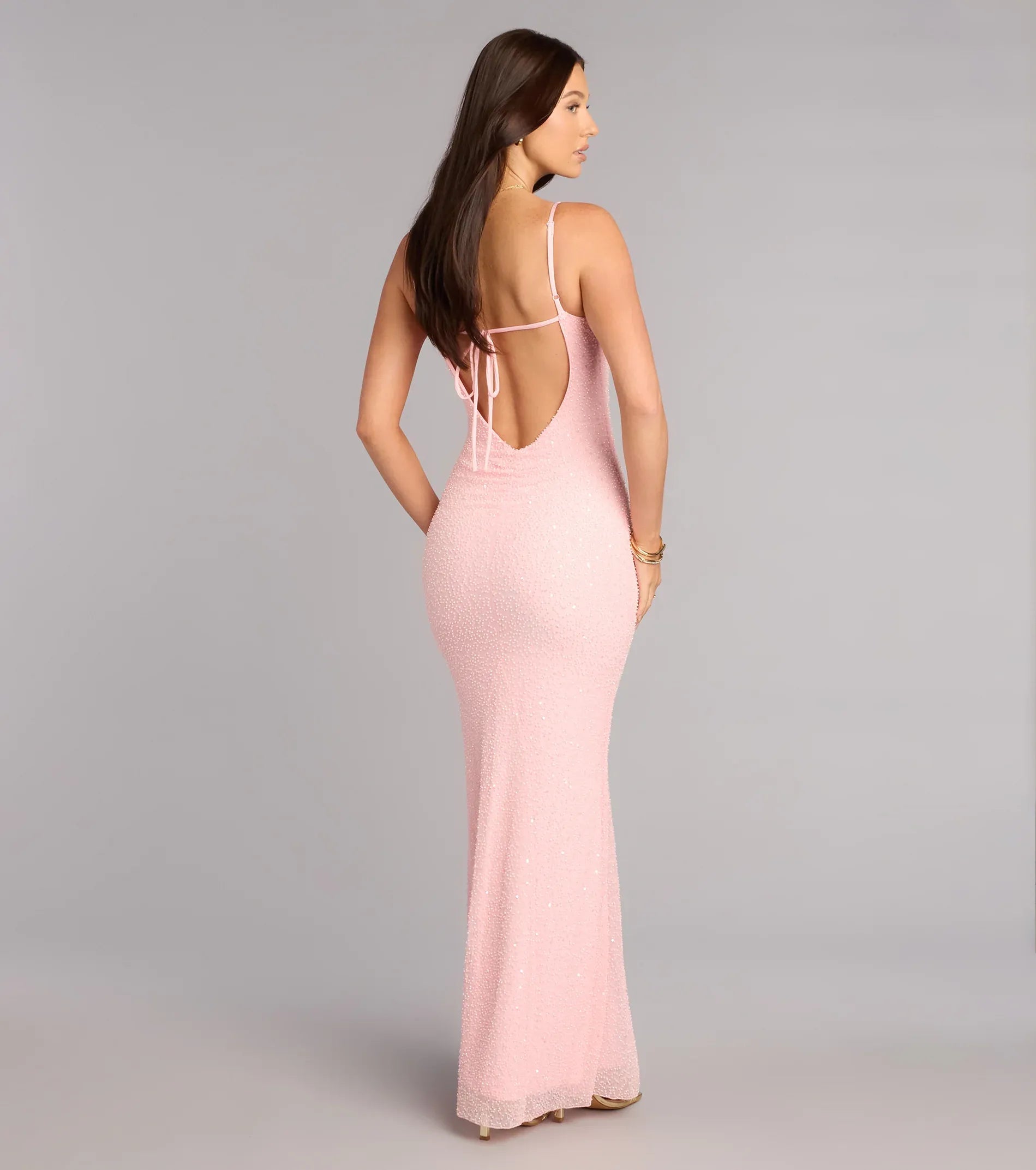 Sequin Mermaid V-Neck Spaghetti Tie-Back Mesh Maxi Wedding Guest Dress
