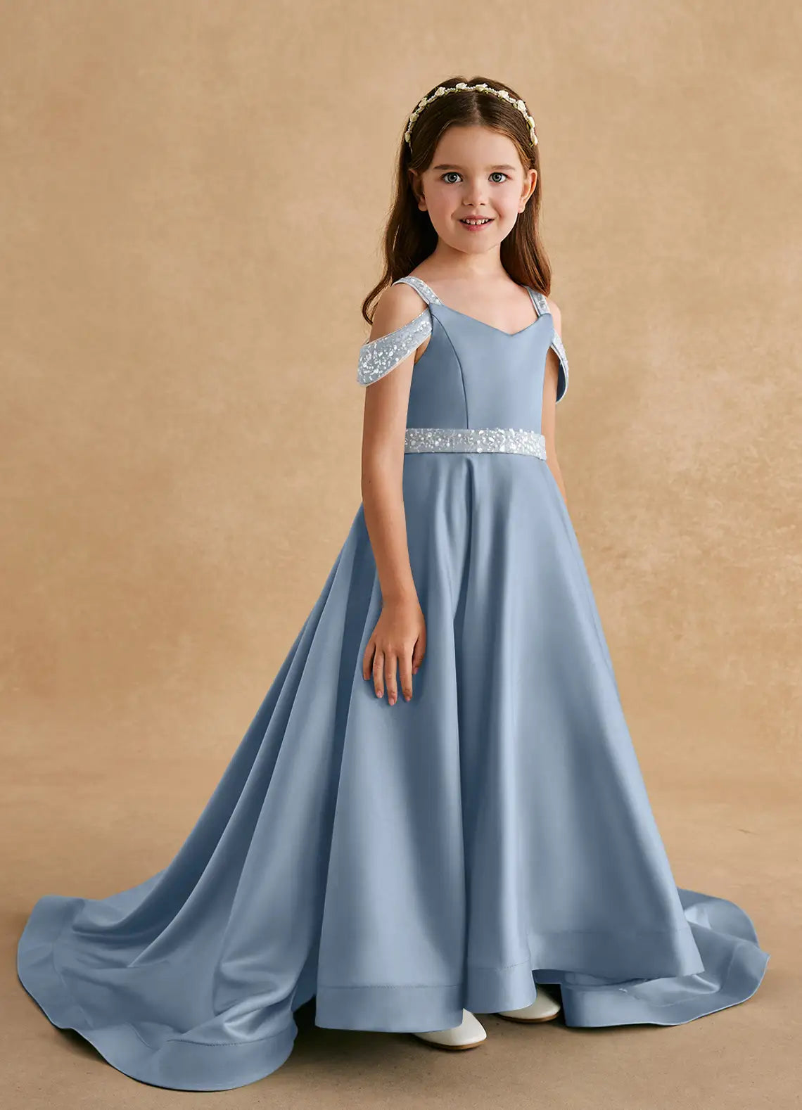 Sequin Strap Off Shoulder V-Neck Dusty Blue Satin Train Full-Length Flower Girl Dresses