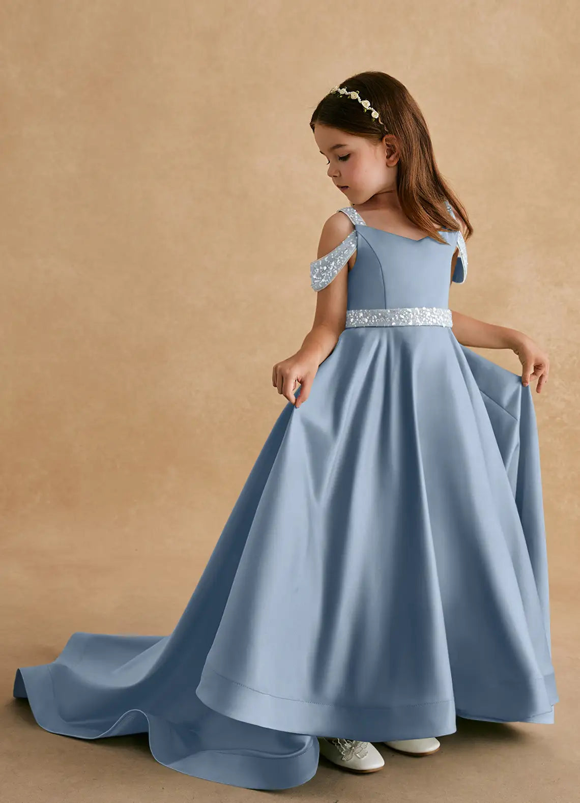 Sequin Strap Off Shoulder V-Neck Dusty Blue Satin Train Full-Length Flower Girl Dresses