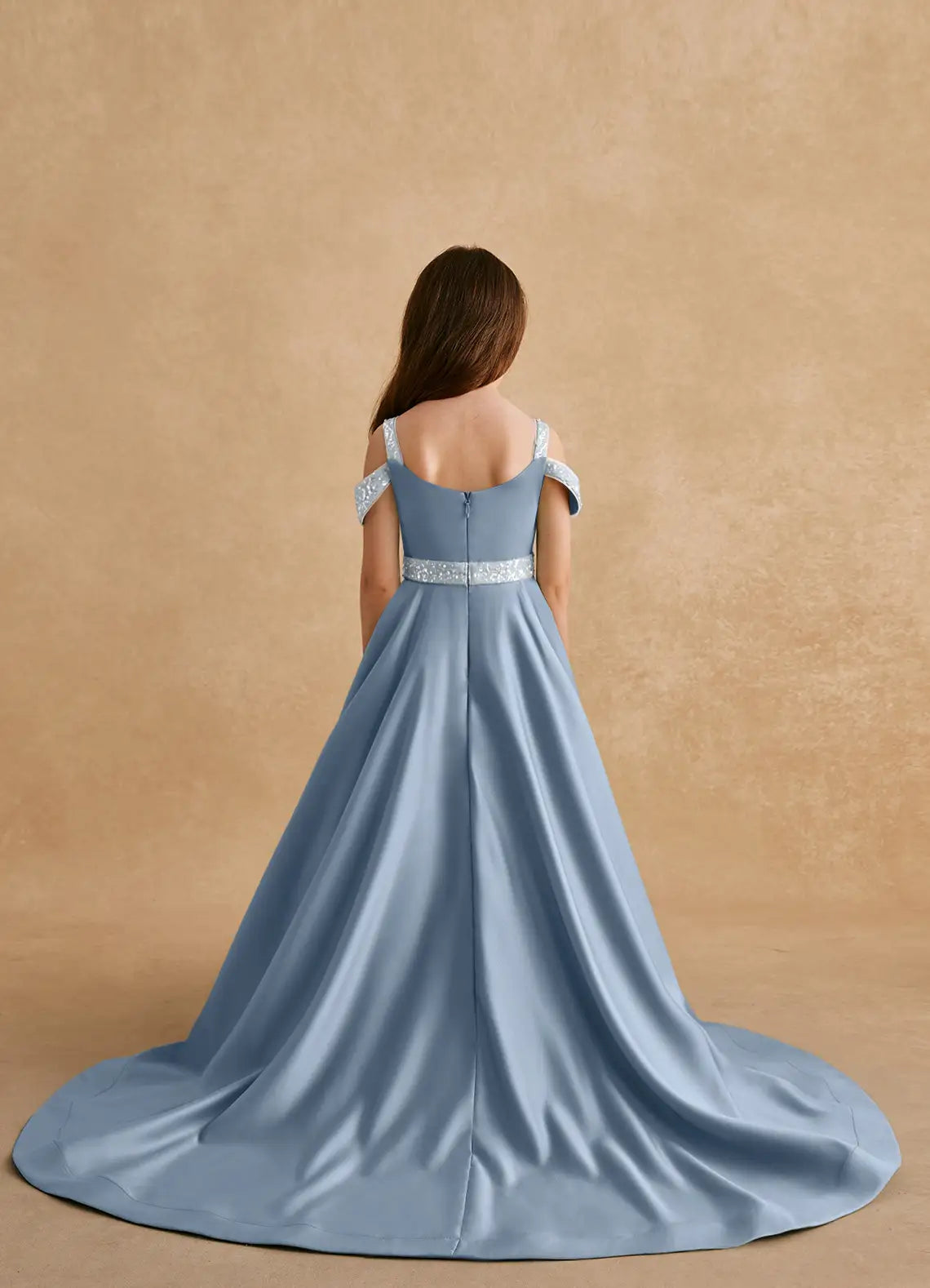 Sequin Strap Off Shoulder V-Neck Dusty Blue Satin Train Full-Length Flower Girl Dresses