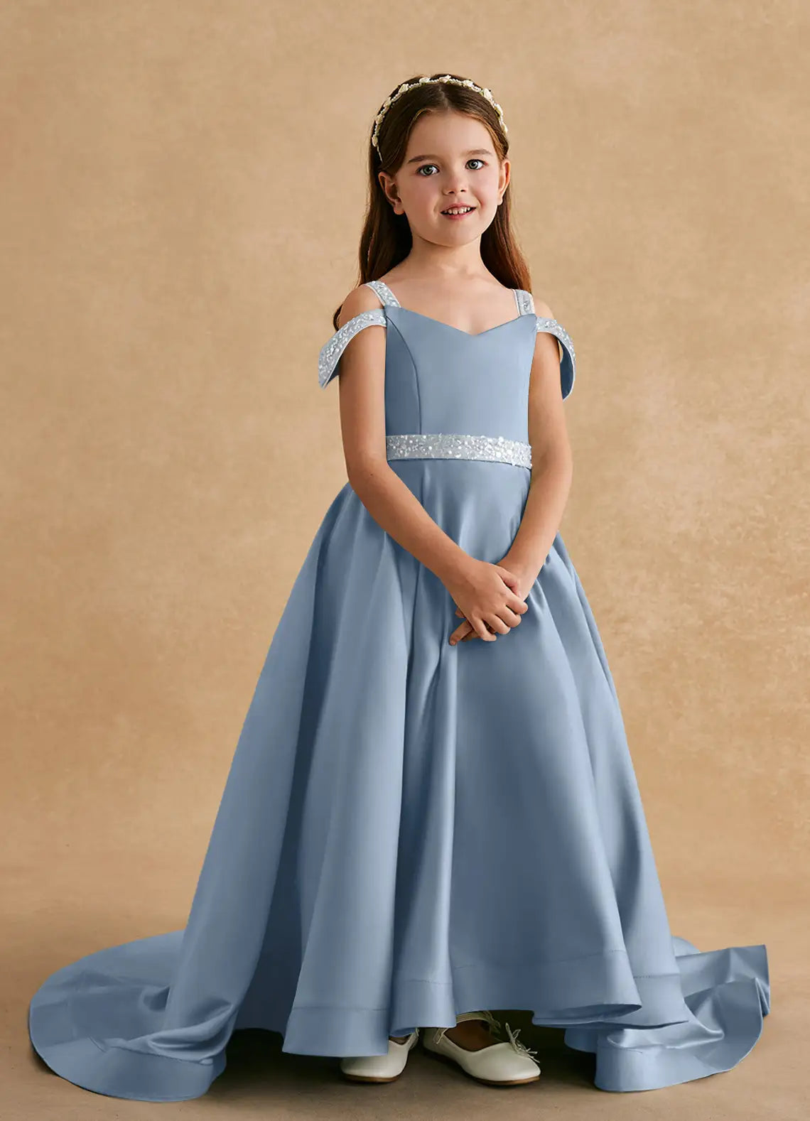 Sequin Strap Off Shoulder V-Neck Dusty Blue Satin Train Full-Length Flower Girl Dresses