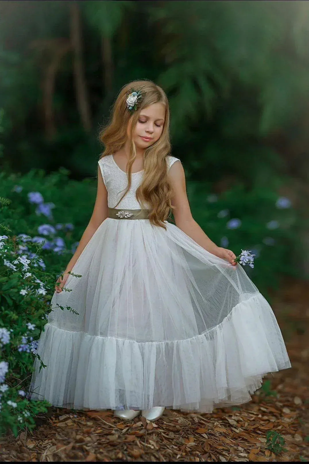 Serene A-Line Scoop Neck Sleeveless V-Back Floor-Length Outdoor Flower Girl Dress