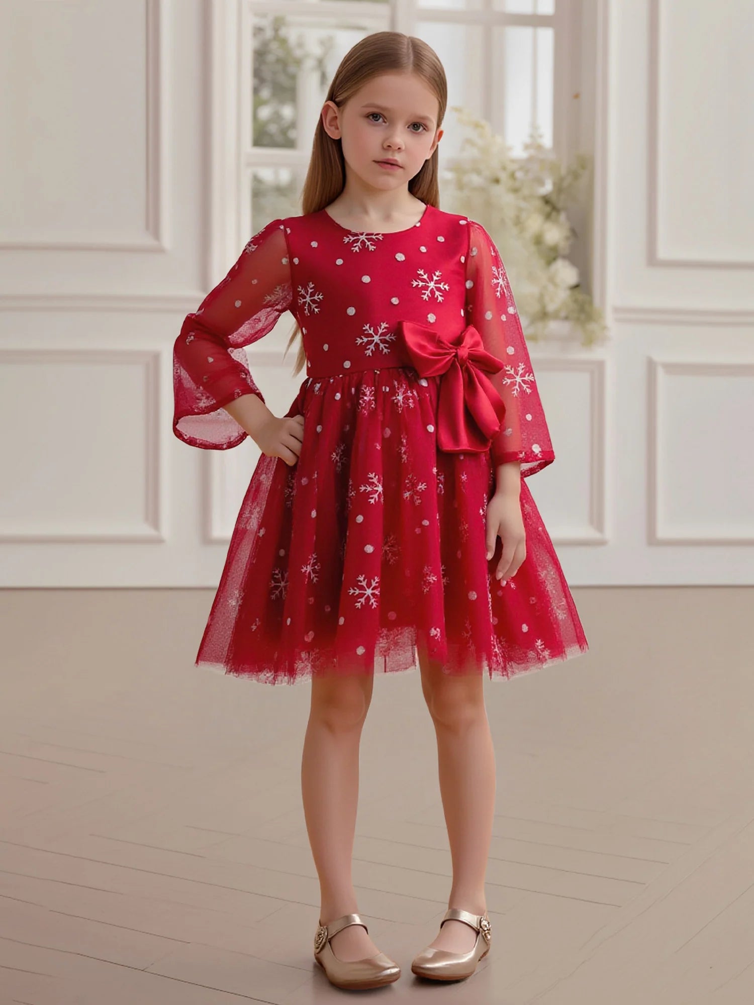 Sheer Flare Long Sleeve Solid Back Large Satin Bow Snowflake Print Red Tulle Midi Flower Girl Dresses
