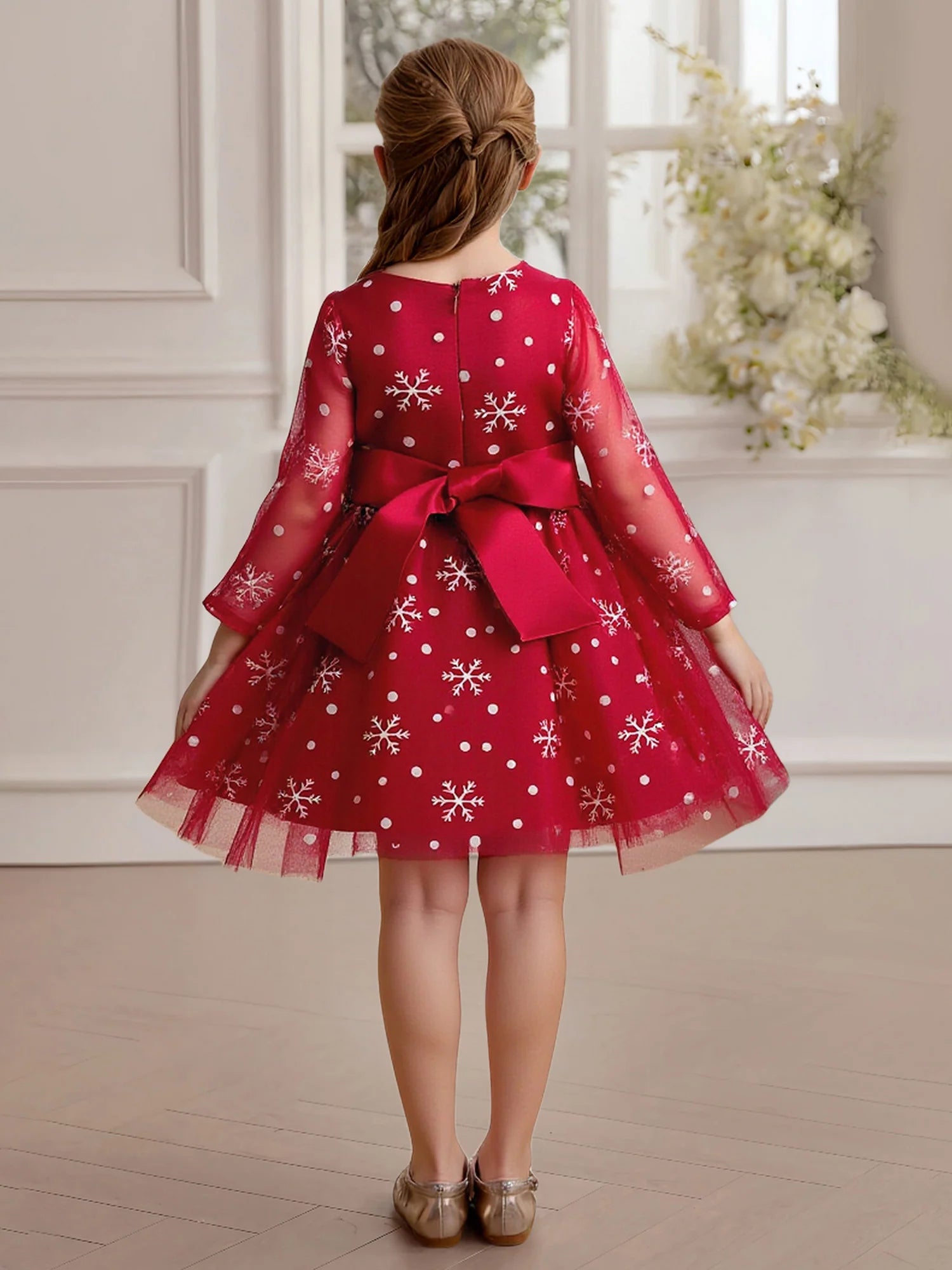 Sheer Flare Long Sleeve Solid Back Large Satin Bow Snowflake Print Red Tulle Midi Flower Girl Dresses