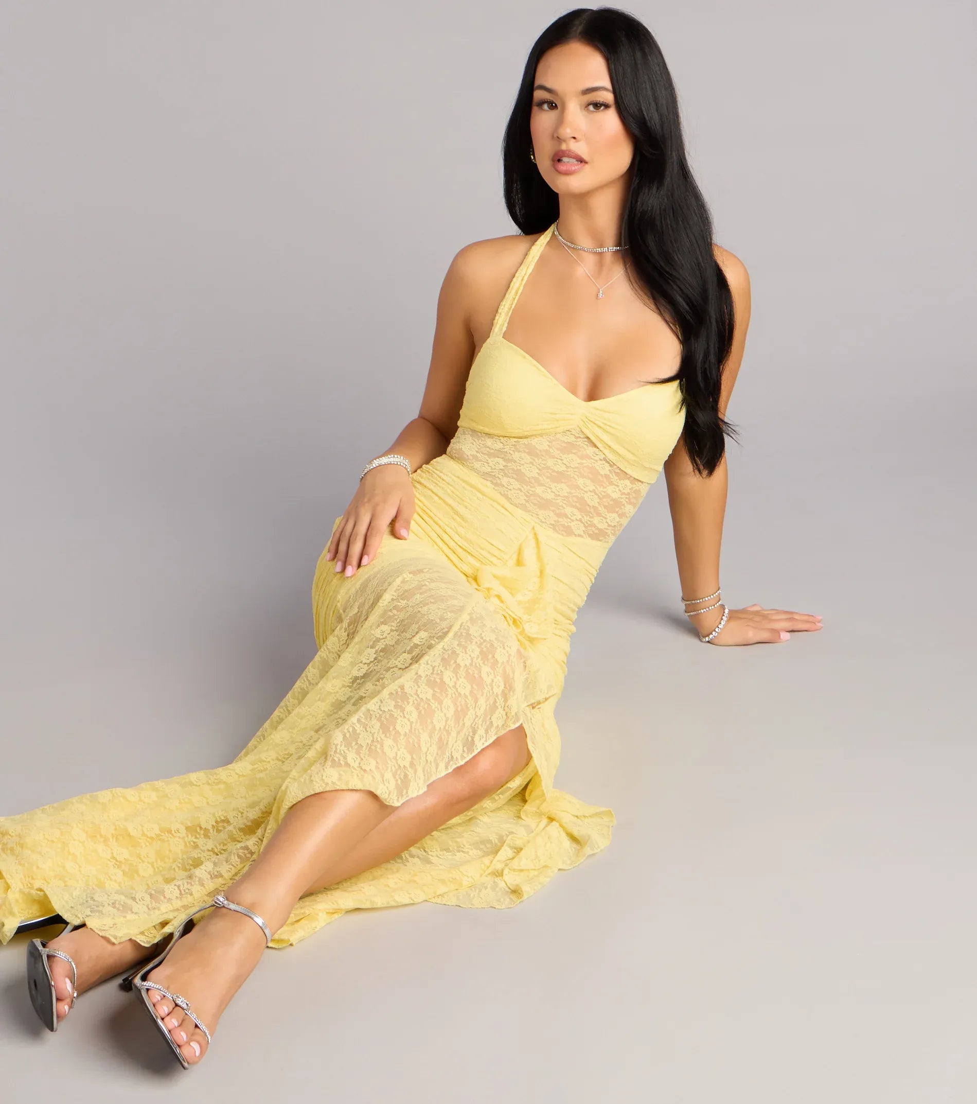 Sheer Mermaid Halter Sweetheart Tie-Back Ruffle Slit Maxi Wedding Guest Dress
