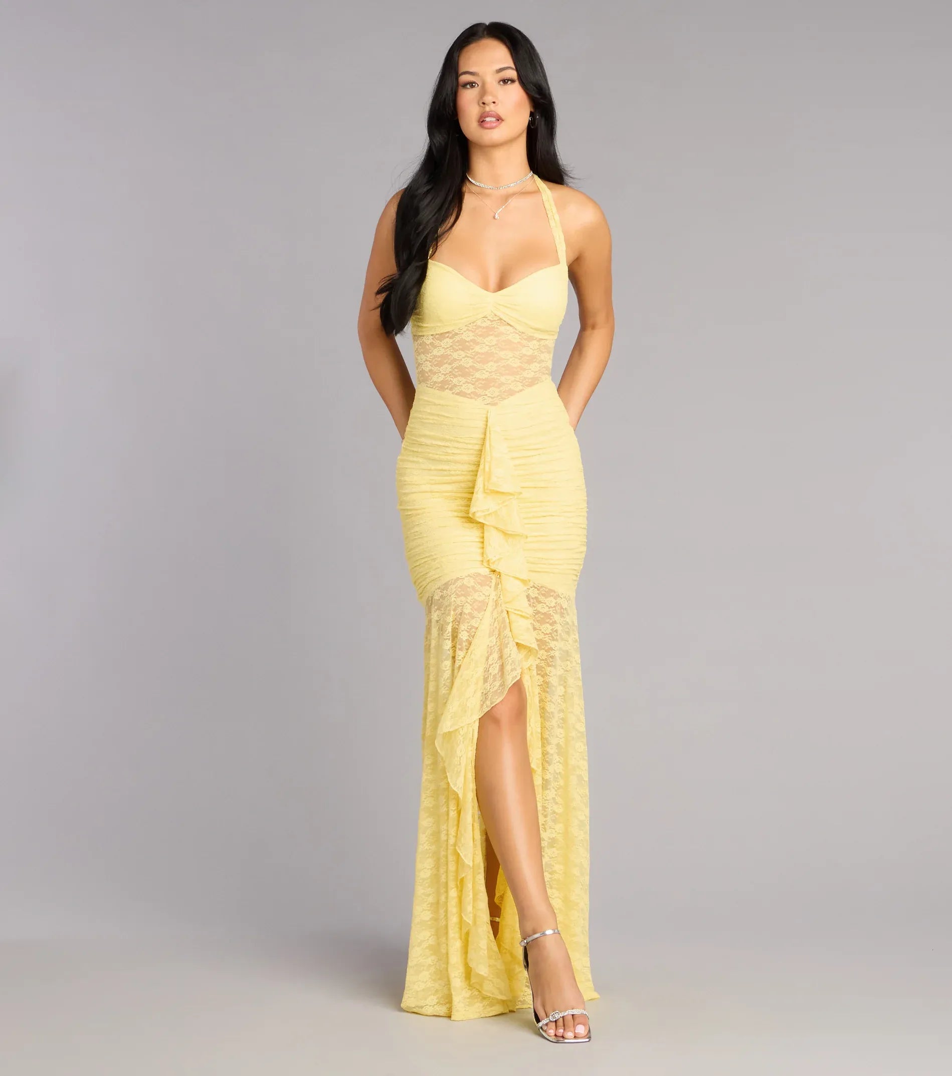 Sheer Mermaid Halter Sweetheart Tie-Back Ruffle Slit Maxi Wedding Guest Dress