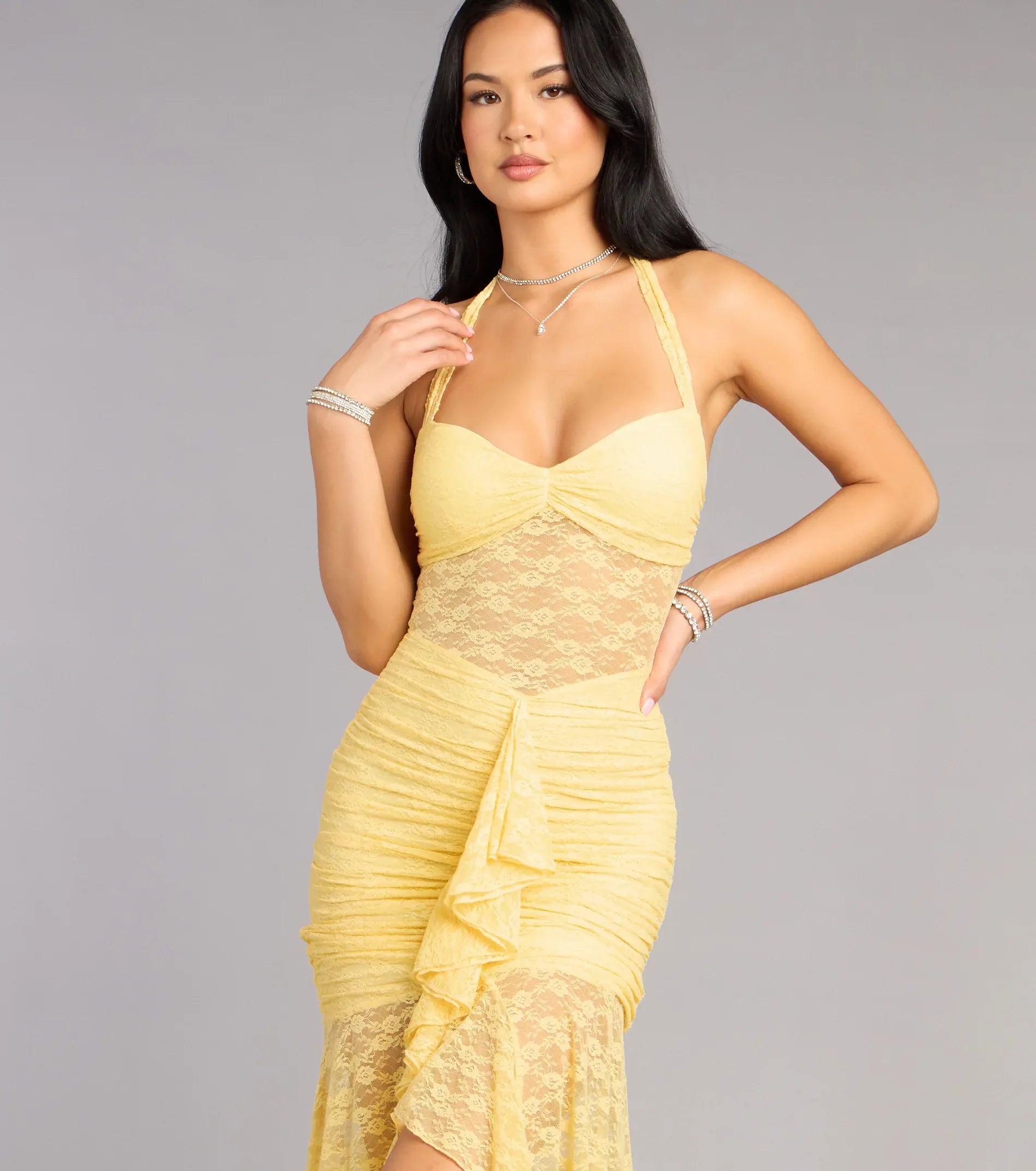 Sheer Mermaid Halter Sweetheart Tie-Back Ruffle Slit Maxi Wedding Guest Dress