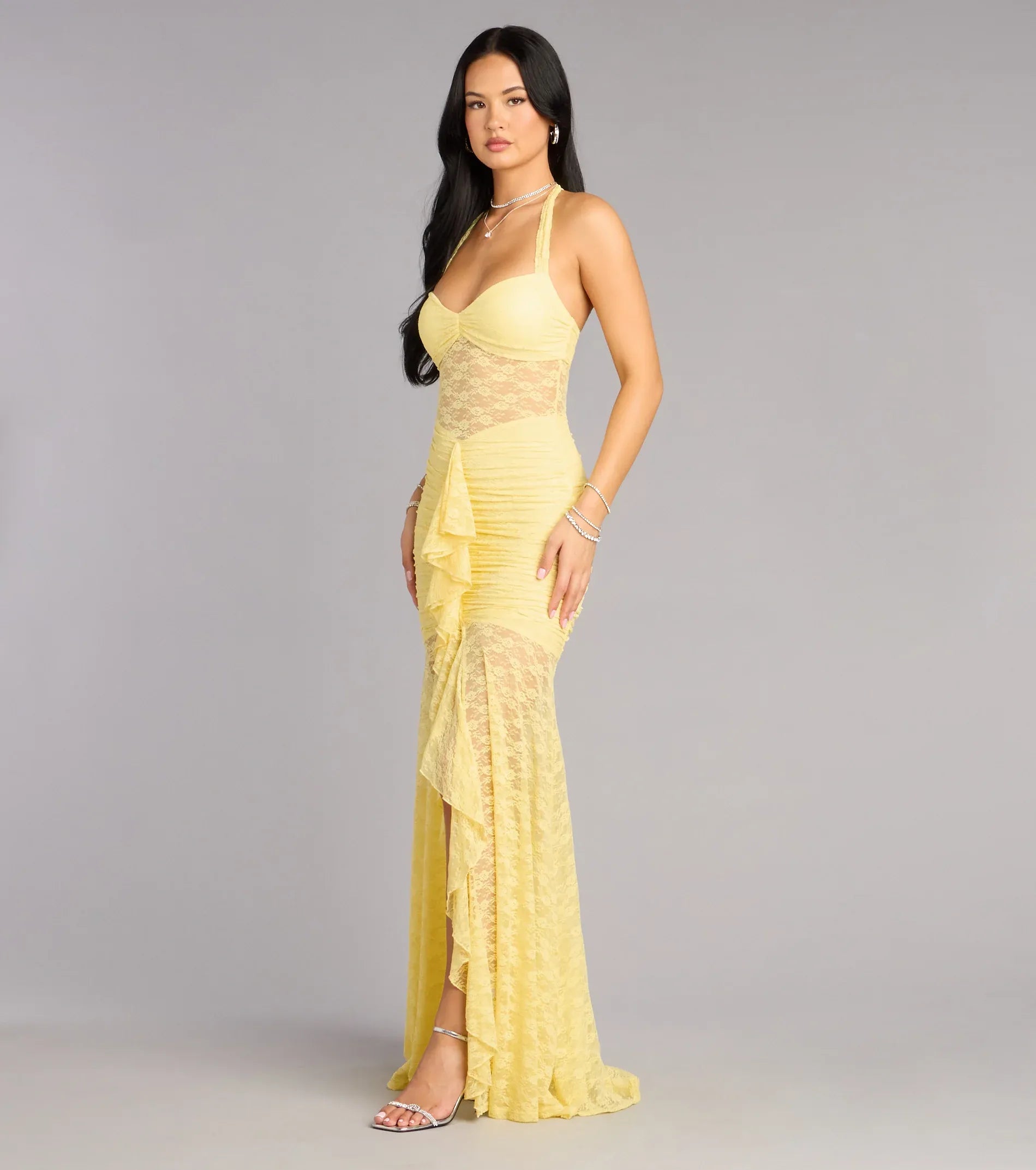 Sheer Mermaid Halter Sweetheart Tie-Back Ruffle Slit Maxi Wedding Guest Dress