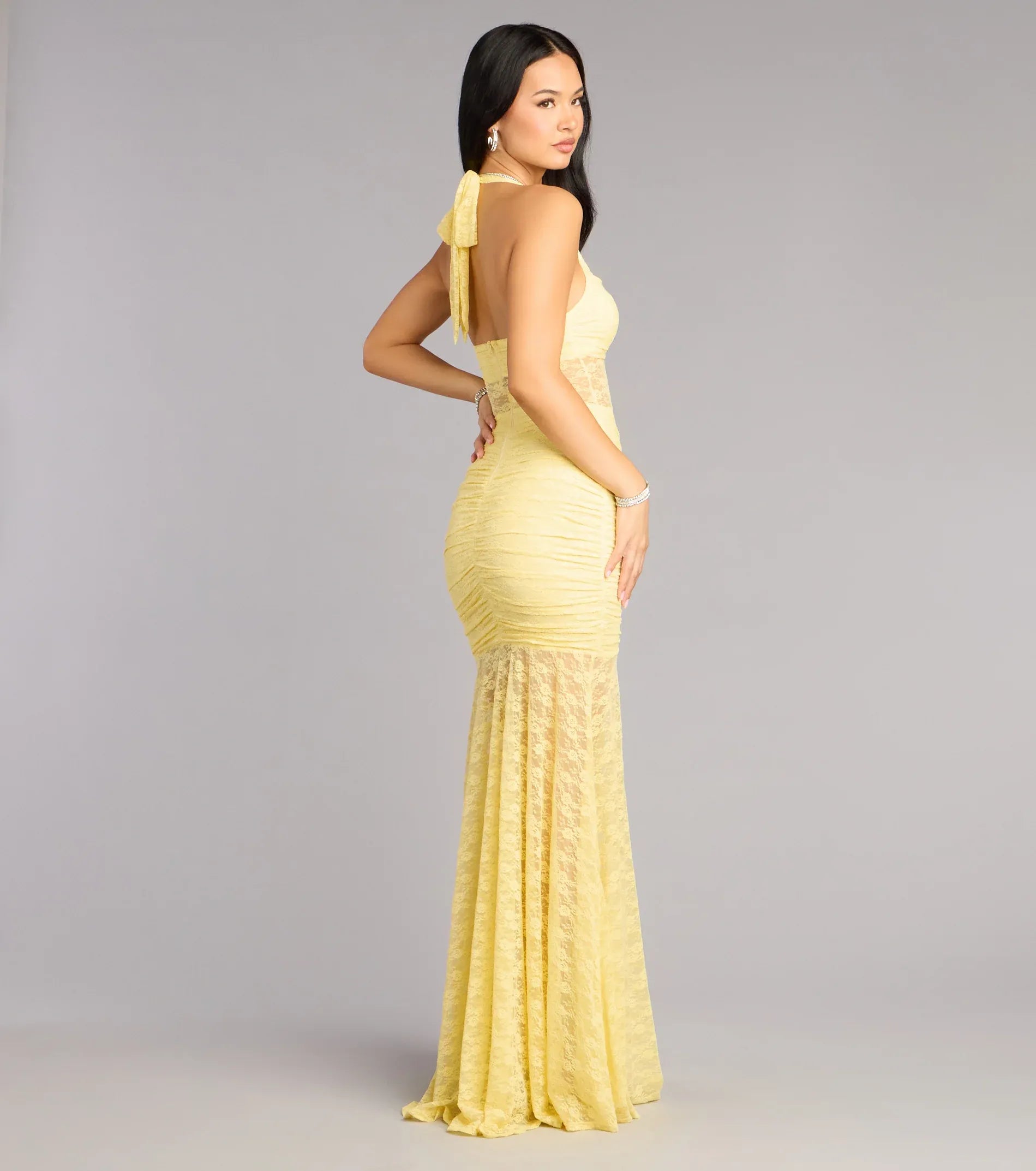 Sheer Mermaid Halter Sweetheart Tie-Back Ruffle Slit Maxi Wedding Guest Dress