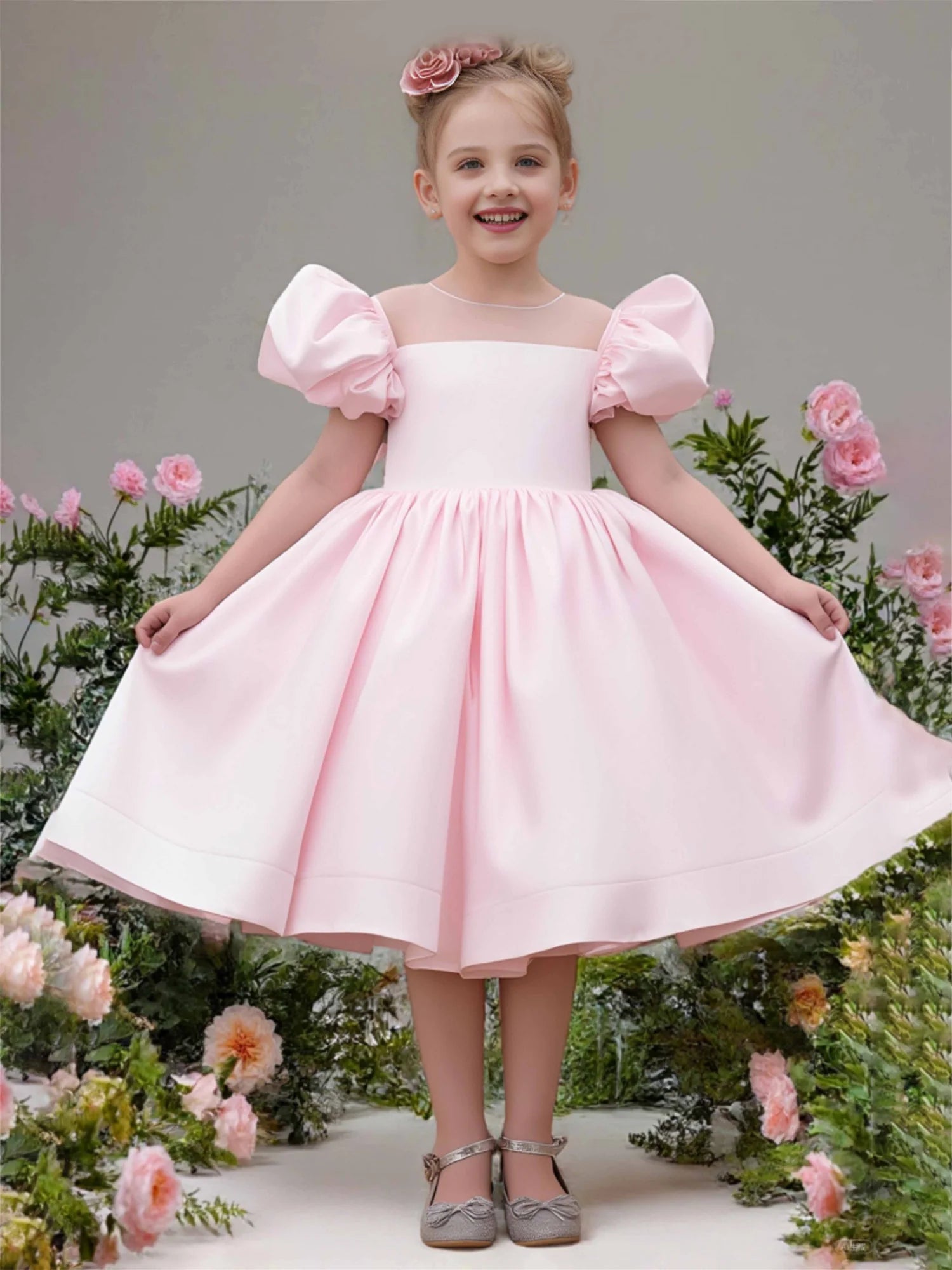 Sheer Neck Puff Short Sleeve Square Back Big Bow Blush Pink Satin Midi Flower Girl Dresses