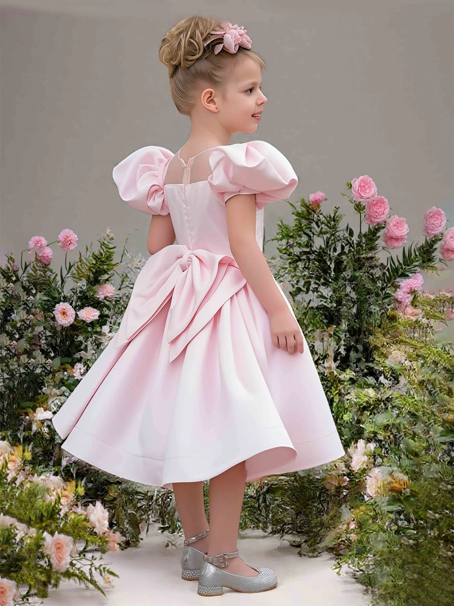 Sheer Neck Puff Short Sleeve Square Back Big Bow Blush Pink Satin Midi Flower Girl Dresses