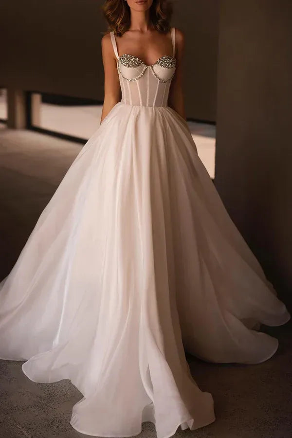 Shimmer Beaded Spaghetti Strap Corset Organza A-Line Wedding Dress