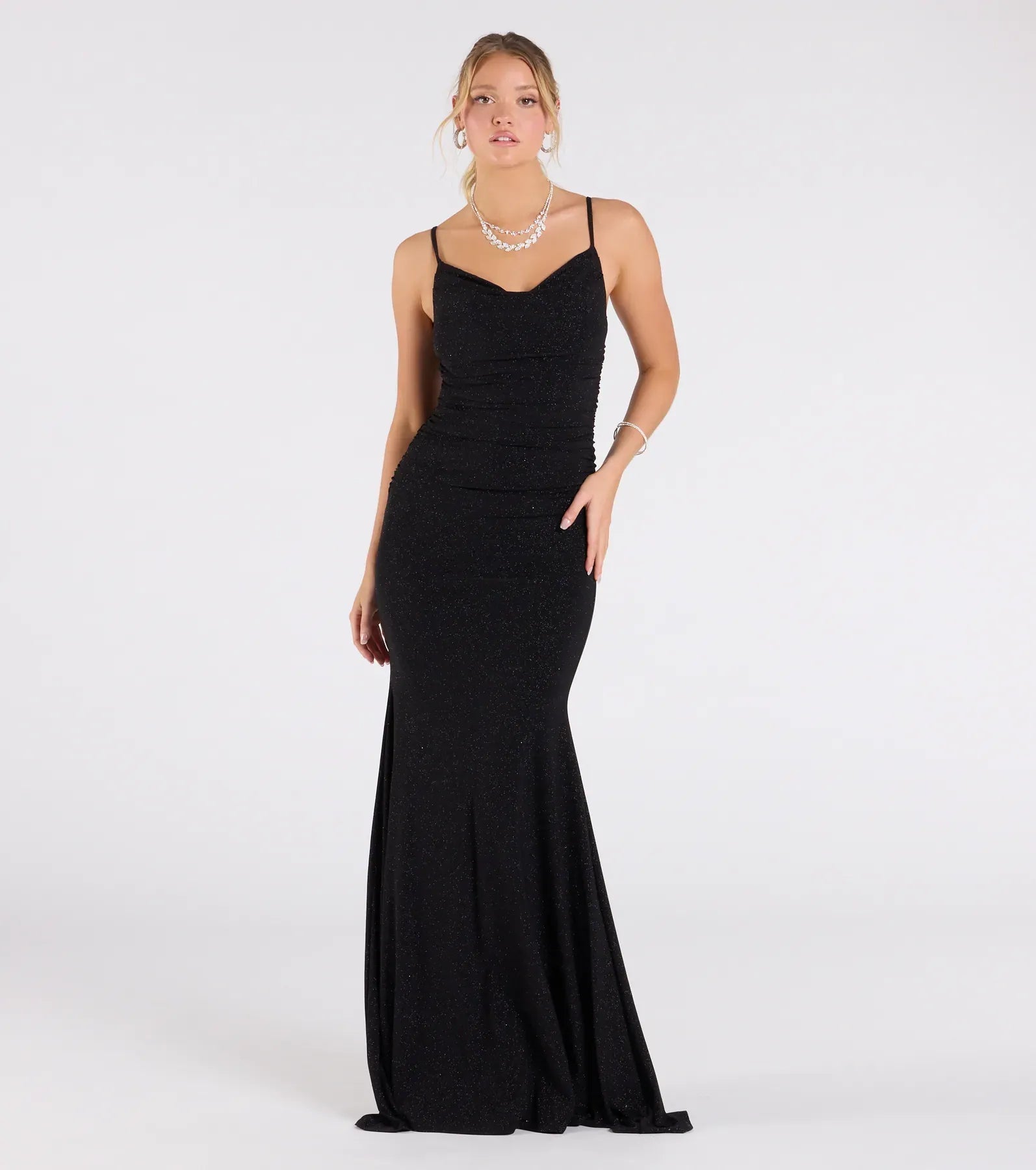 Shimmering Mermaid Cowl Spaghetti Zip-Back Train Maxi Wedding Guest Dress