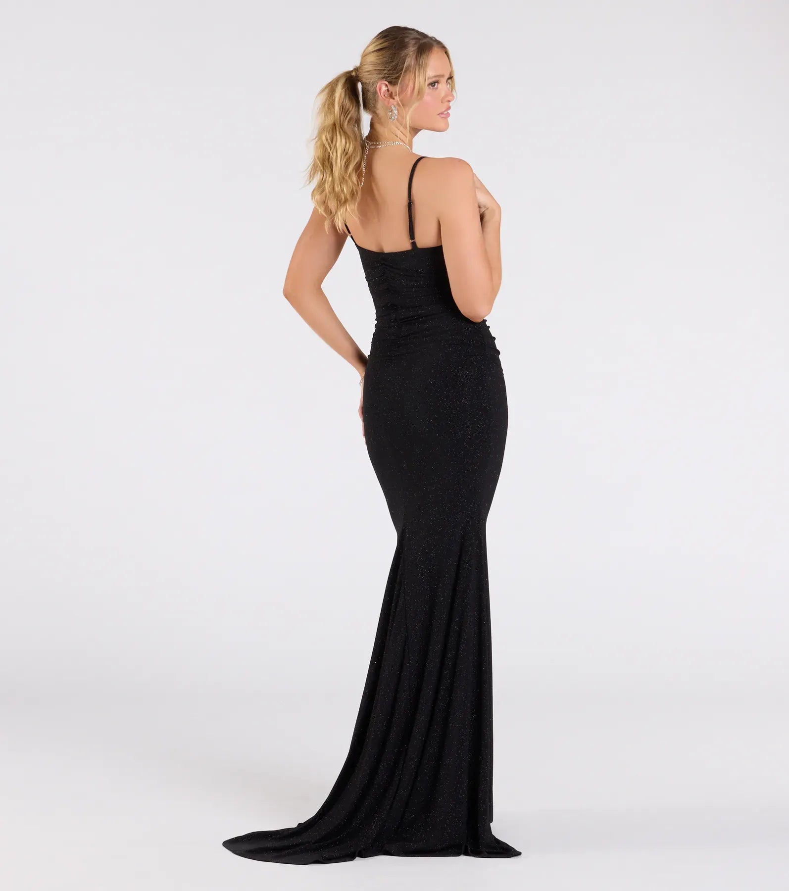 Shimmering Mermaid Cowl Spaghetti Zip-Back Train Maxi Wedding Guest Dress