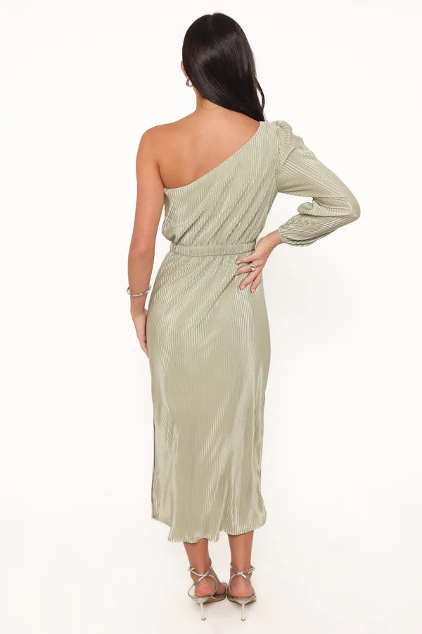 Shimmery Midi One-Shoulder Long-Sleeve Open-Back Slit Wedding Guest Dress