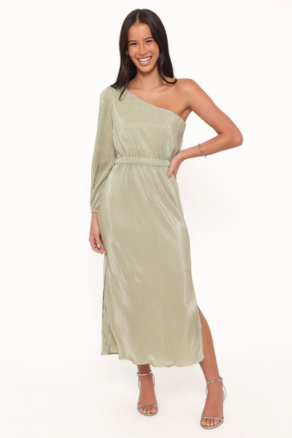 Shimmery Midi One-Shoulder Long-Sleeve Open-Back Slit Wedding Guest Dress