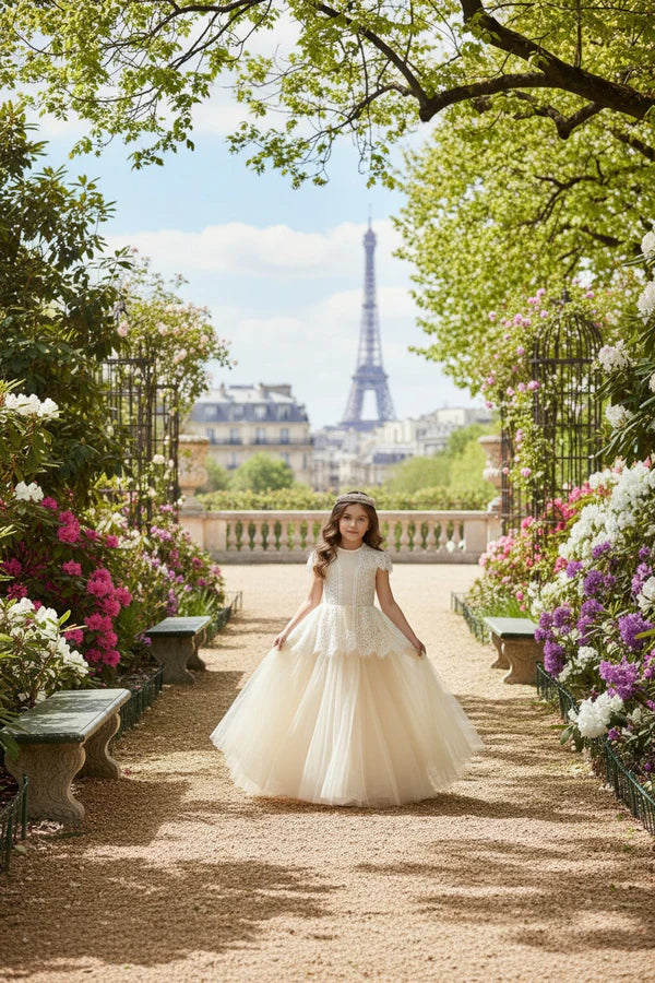 Short Cap Sleeve Lace Champagne Tulle Full Length Flower Girl Dresses
