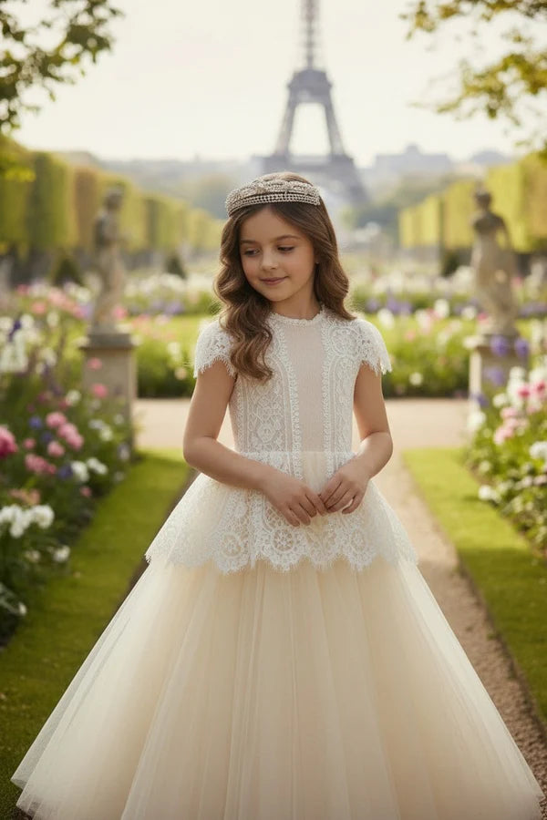 Short Cap Sleeve Lace Champagne Tulle Full Length Flower Girl Dresses