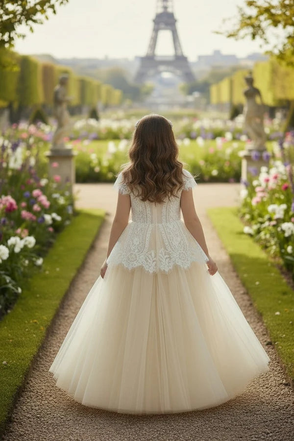 Short Cap Sleeve Lace Champagne Tulle Full Length Flower Girl Dresses