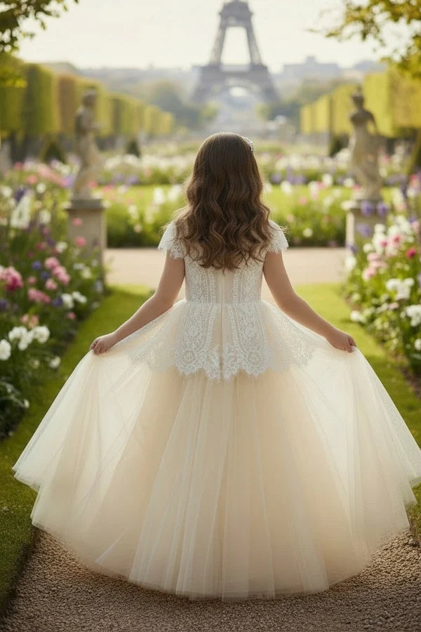 Short Cap Sleeve Lace Champagne Tulle Full Length Flower Girl Dresses