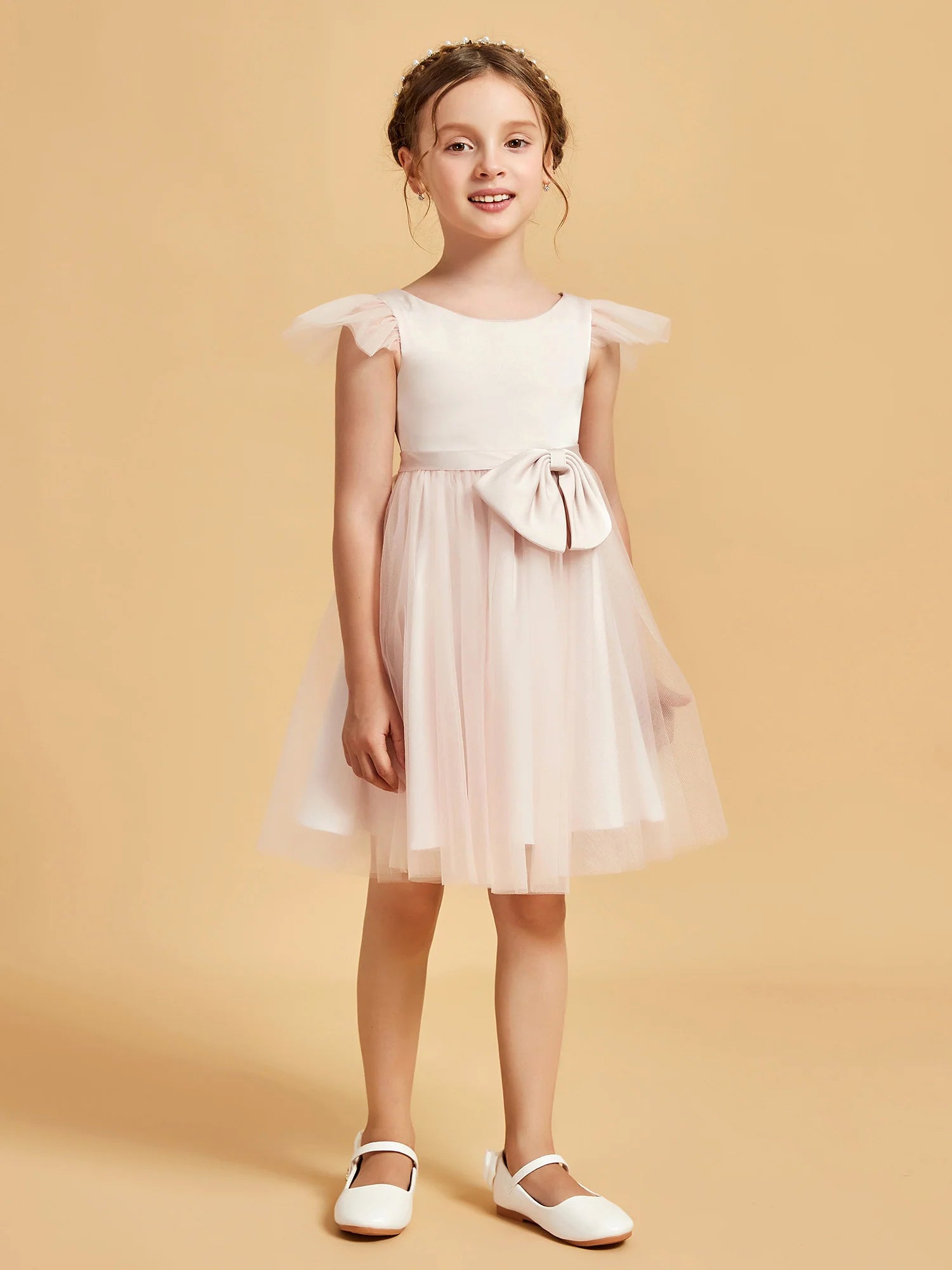 Short Flutter Cap Sleeve Round Neck Side Big Bow Blush Tulle Knee Length Flower Girl Dresses