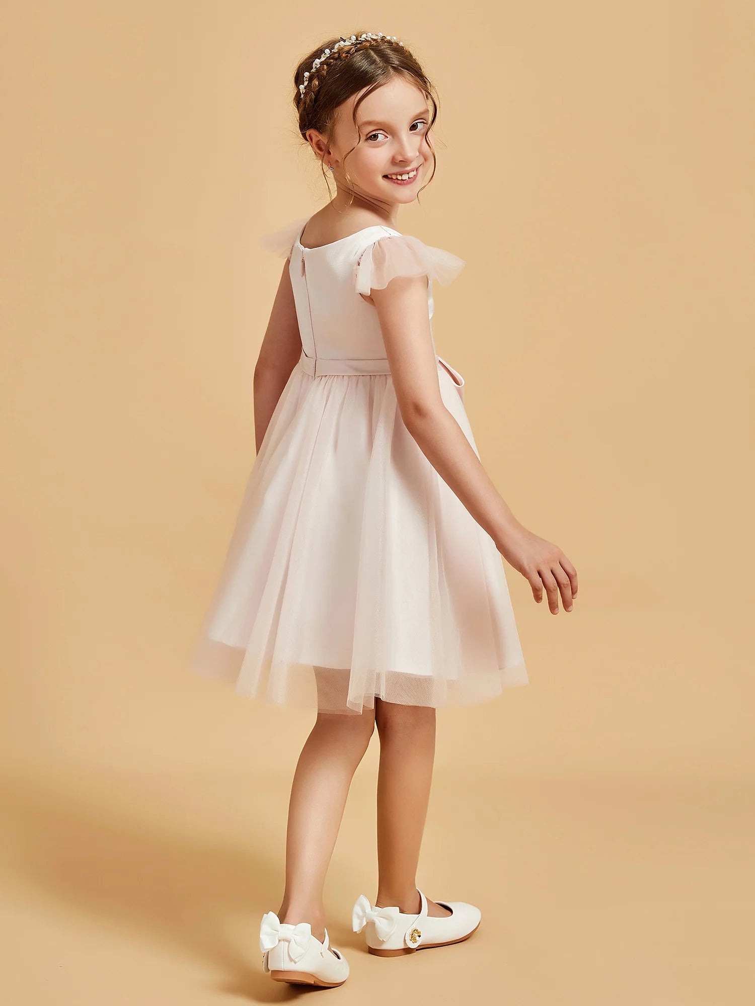 Short Flutter Cap Sleeve Round Neck Side Big Bow Blush Tulle Knee Length Flower Girl Dresses
