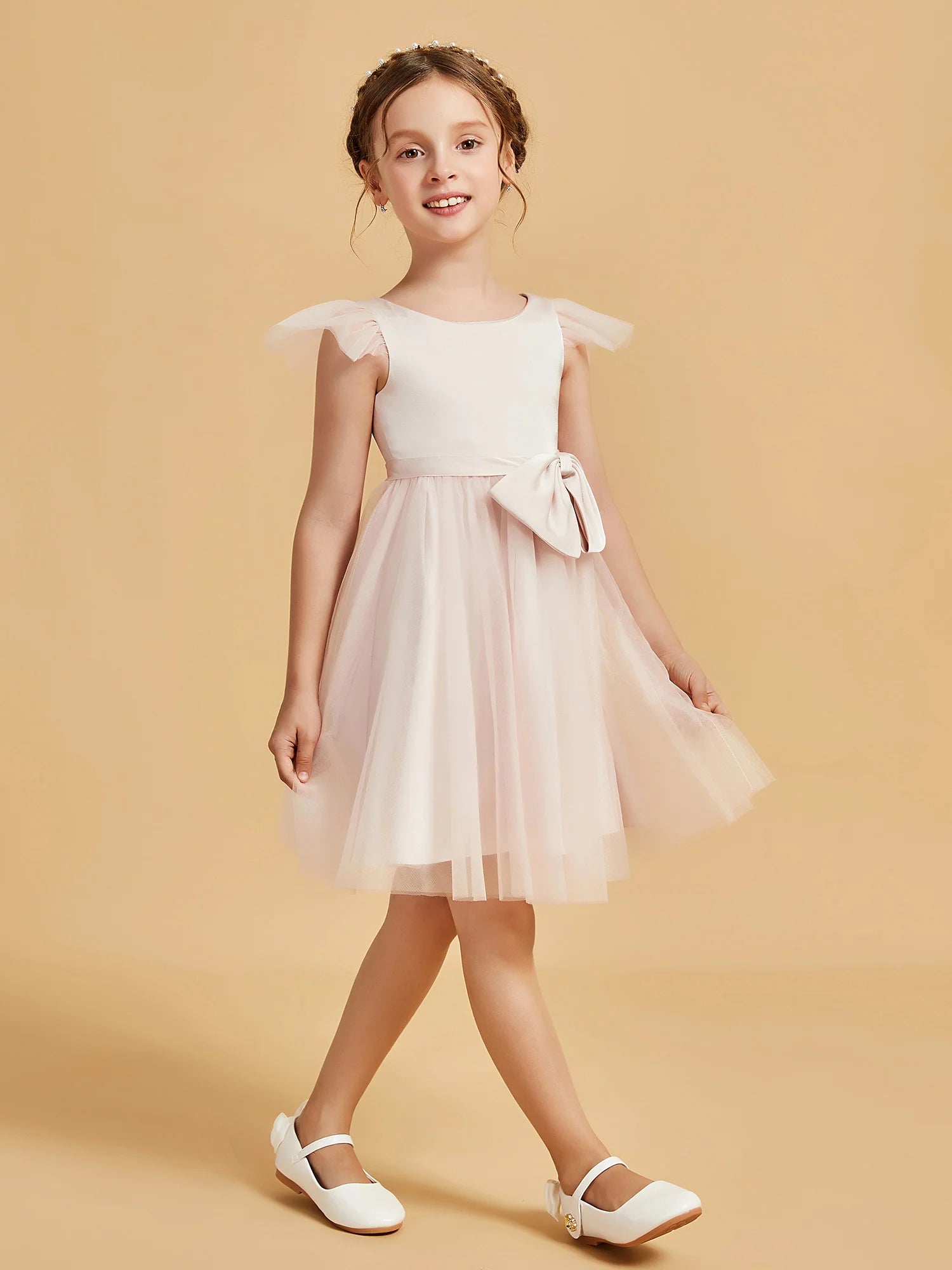 Short Flutter Cap Sleeve Round Neck Side Big Bow Blush Tulle Knee Length Flower Girl Dresses