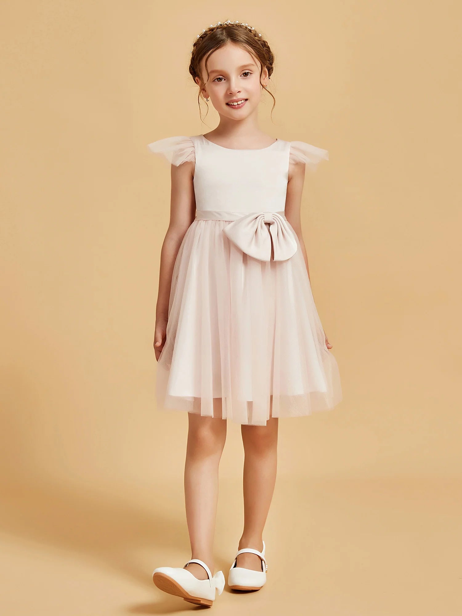 Short Flutter Cap Sleeve Round Neck Side Big Bow Blush Tulle Knee Length Flower Girl Dresses