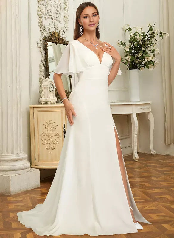 Short‑Flutter‑Sleeve Crepe Mermaid Wedding Dress With High‑Slit & Tie‑Open‑Back Detail