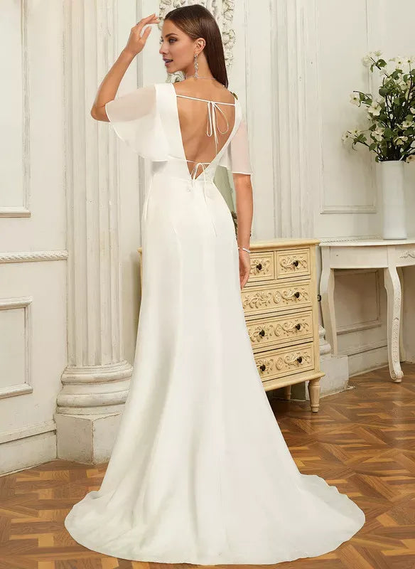 Short‑Flutter‑Sleeve Crepe Mermaid Wedding Dress With High‑Slit & Tie‑Open‑Back Detail