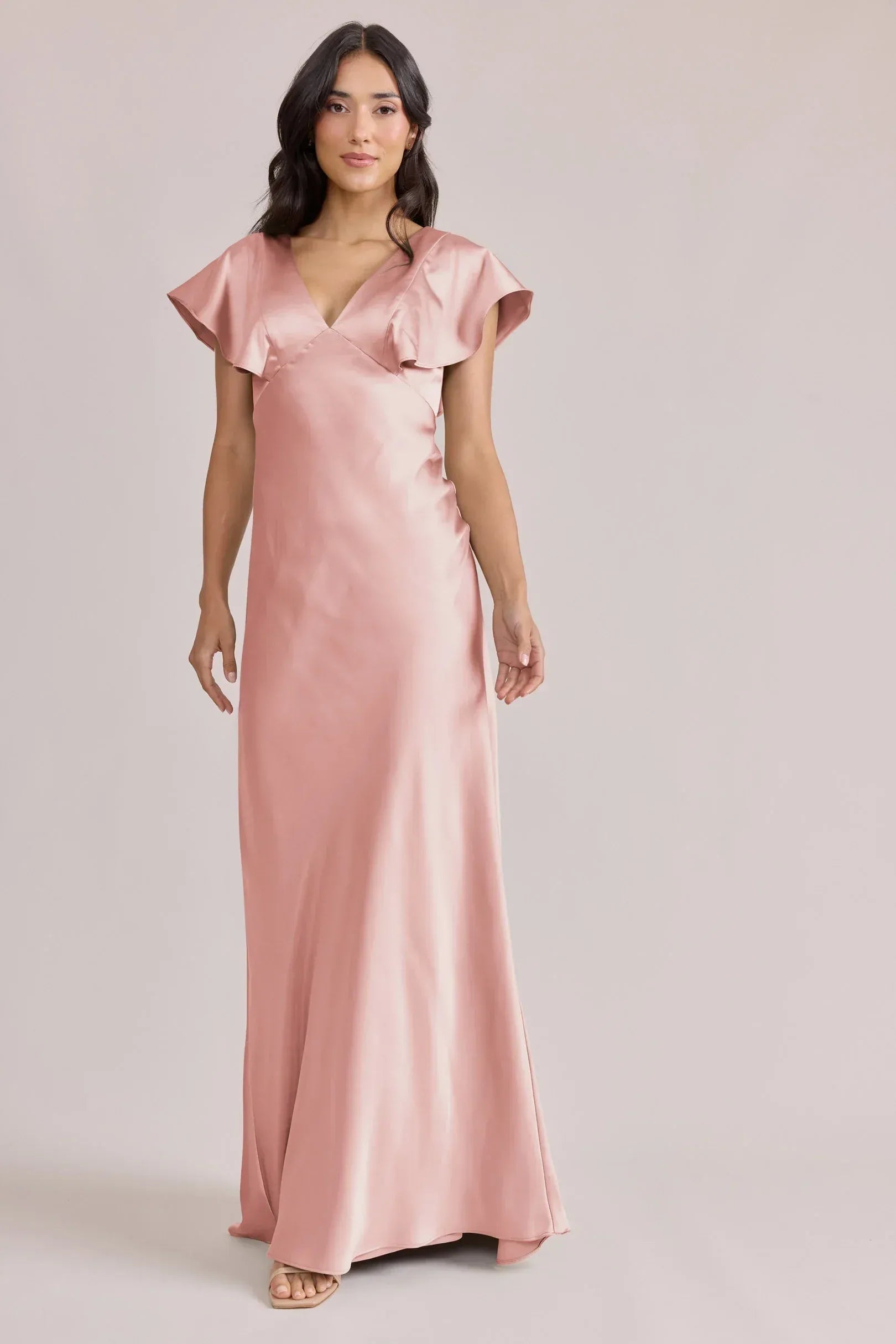Short Flutter Sleeve Double V Back Mermaid Satin Long Bridesmaid Dress