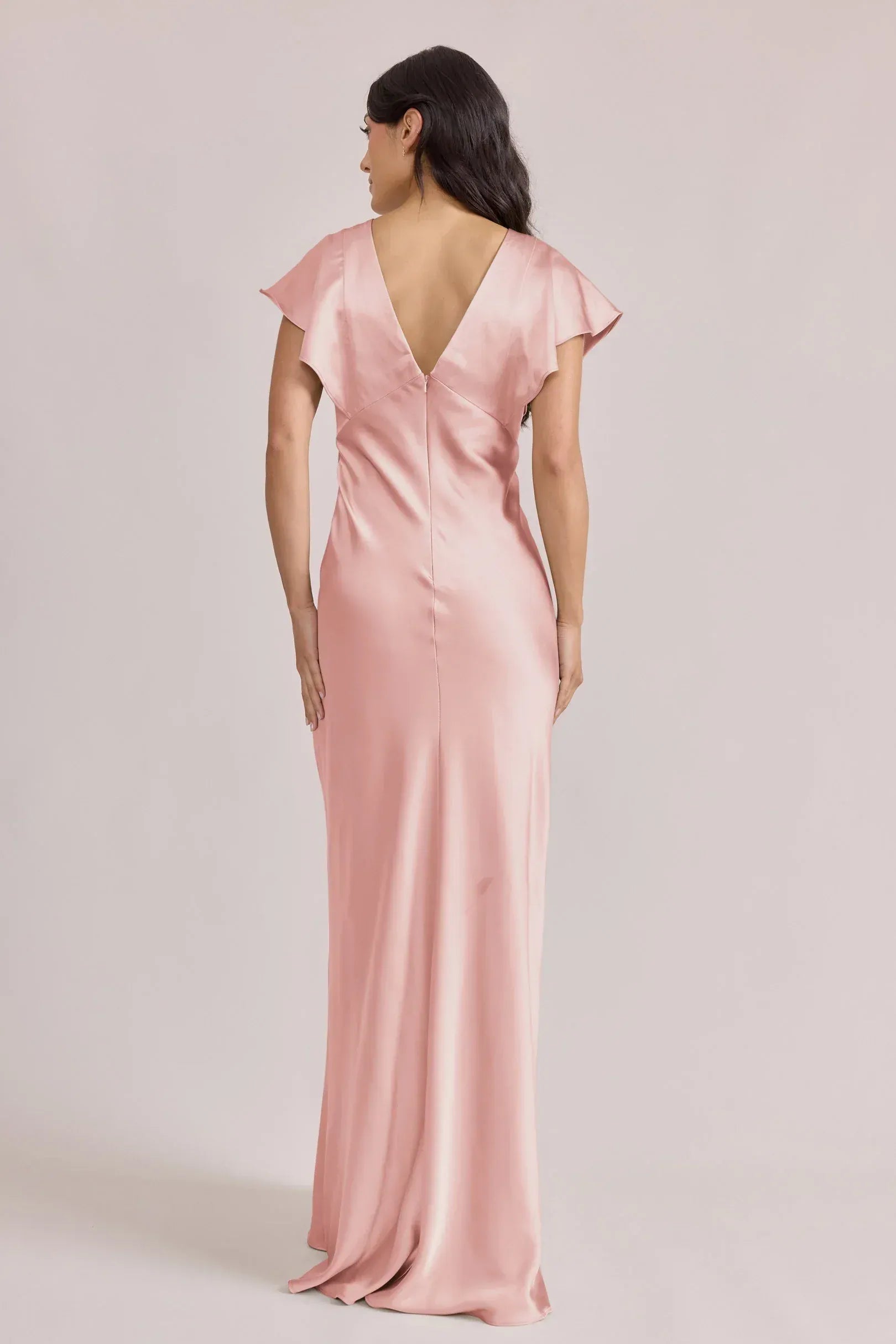 Short Flutter Sleeve Double V Back Mermaid Satin Long Bridesmaid Dress
