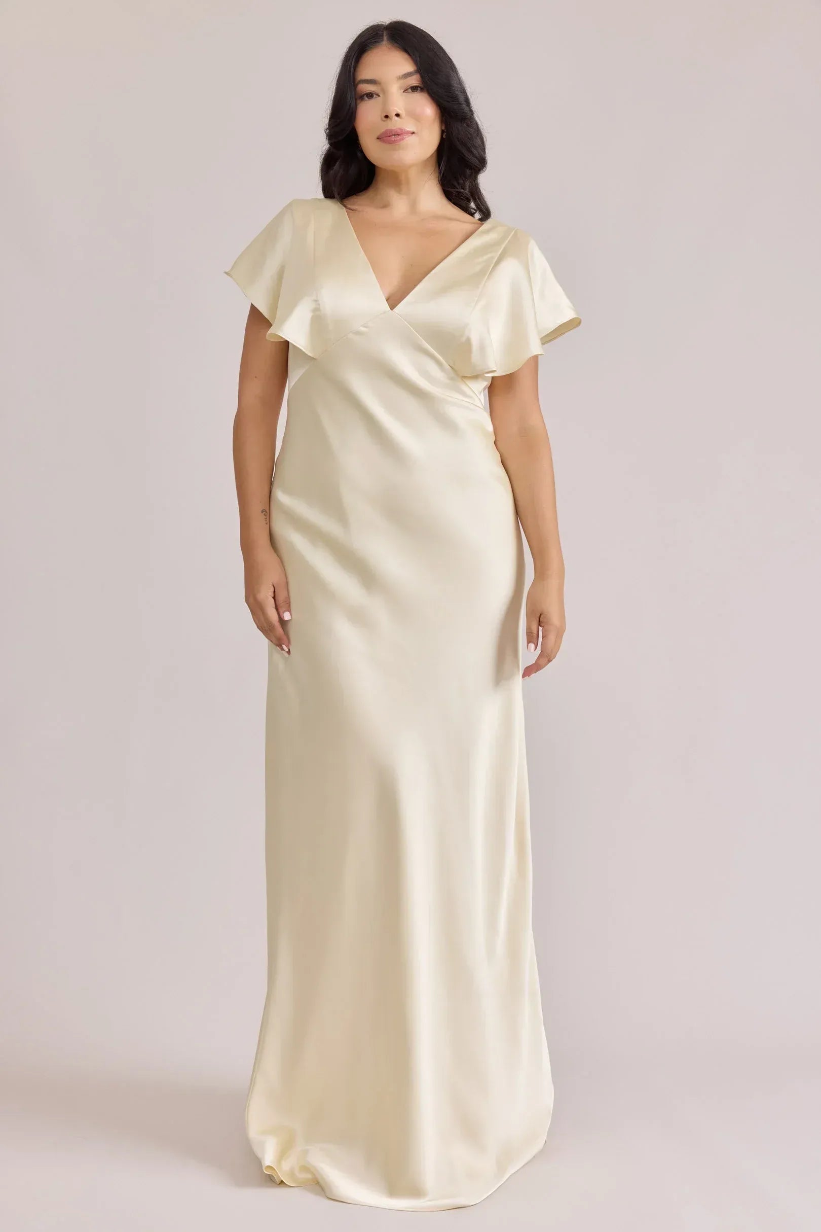 Short Flutter Sleeve Deep V Front & Back Mermaid Satin Long Bridesmaid Dress
