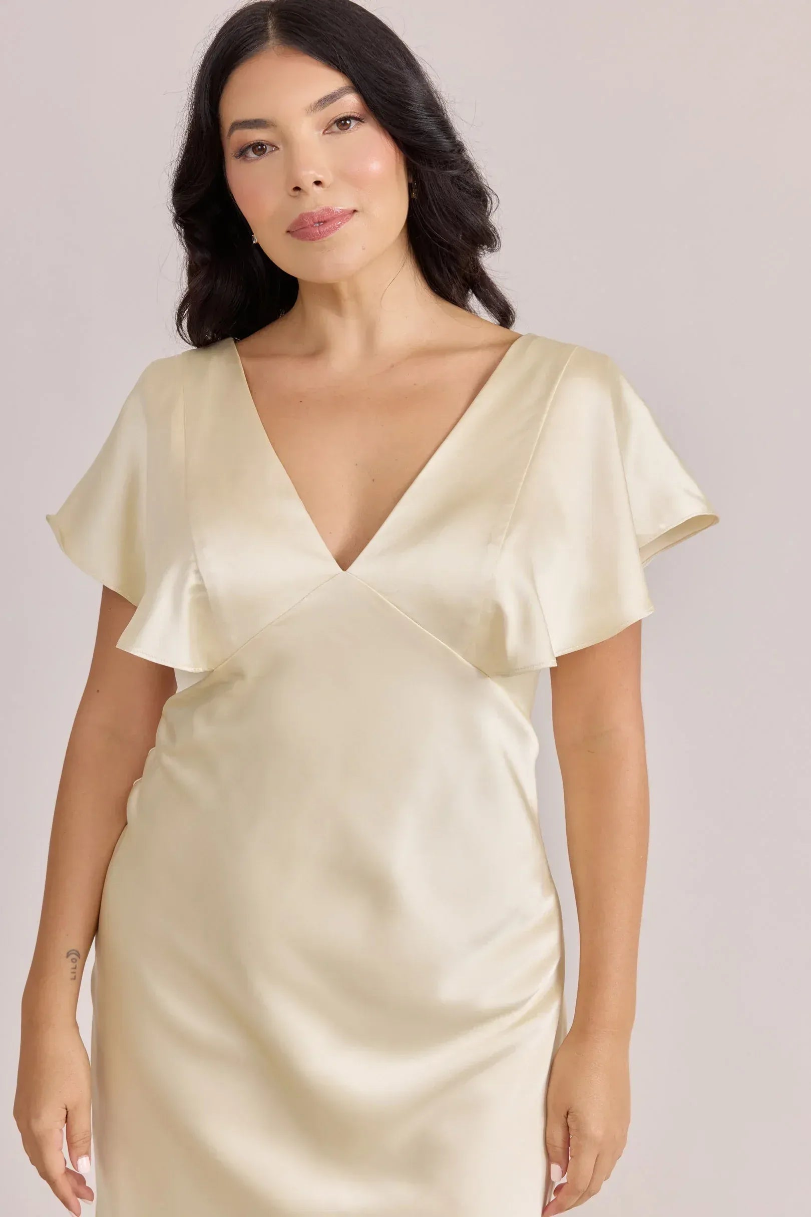 Short Flutter Sleeve Deep V Front & Back Mermaid Satin Long Bridesmaid Dress