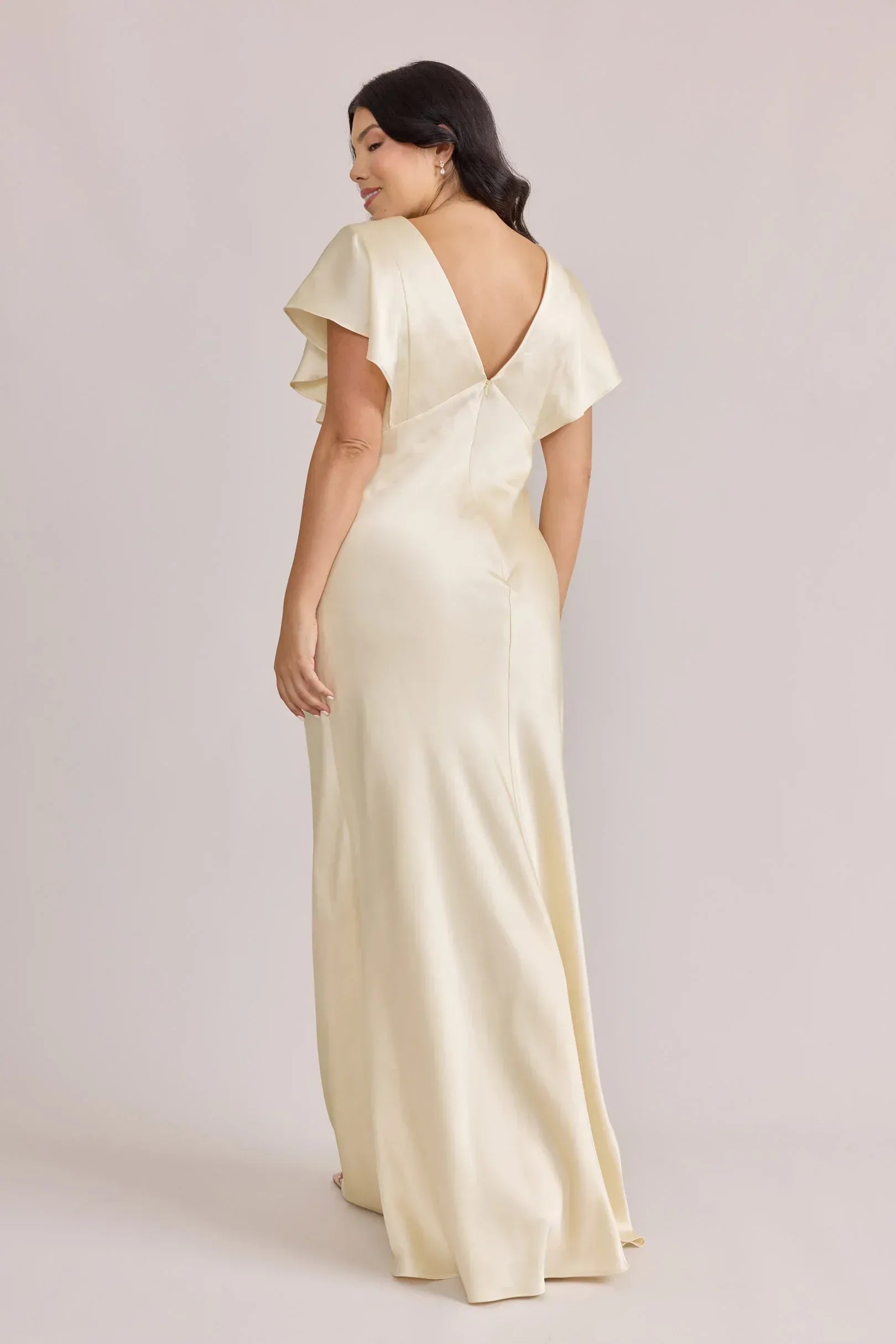 Short Flutter Sleeve Deep V Front & Back Mermaid Satin Long Bridesmaid Dress