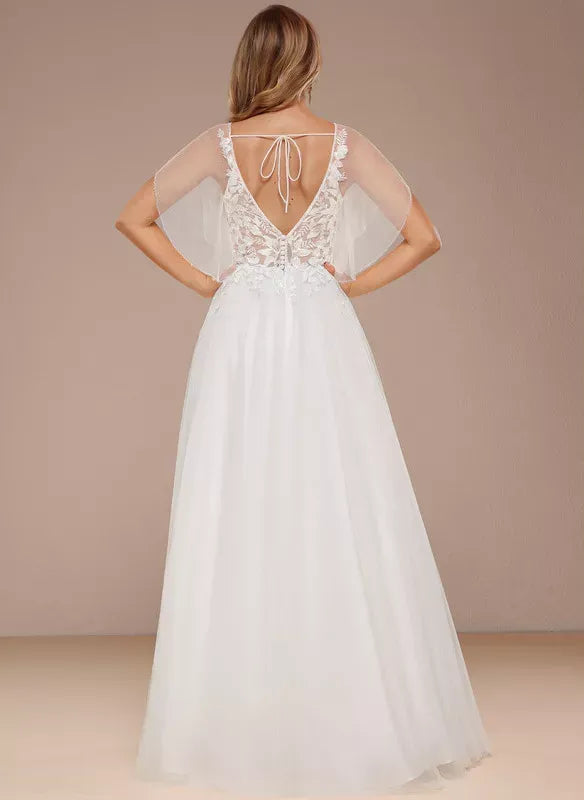 Short‑Flutter‑Sleeve Floral‑Lace Tulle A‑Line Wedding Dress With Tie‑V‑Back Detail