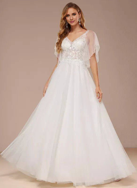 Short‑Flutter‑Sleeve Floral‑Lace Tulle A‑Line Wedding Dress With Tie‑V‑Back Detail